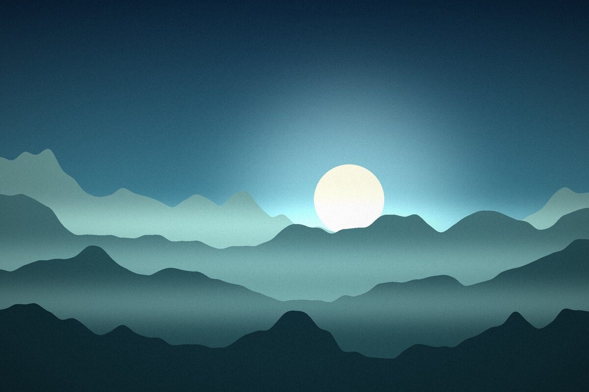 Illustrated sunset over layered mountain ridges