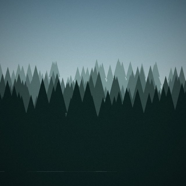 Illustration: Rows of dark pine trees fading into mist