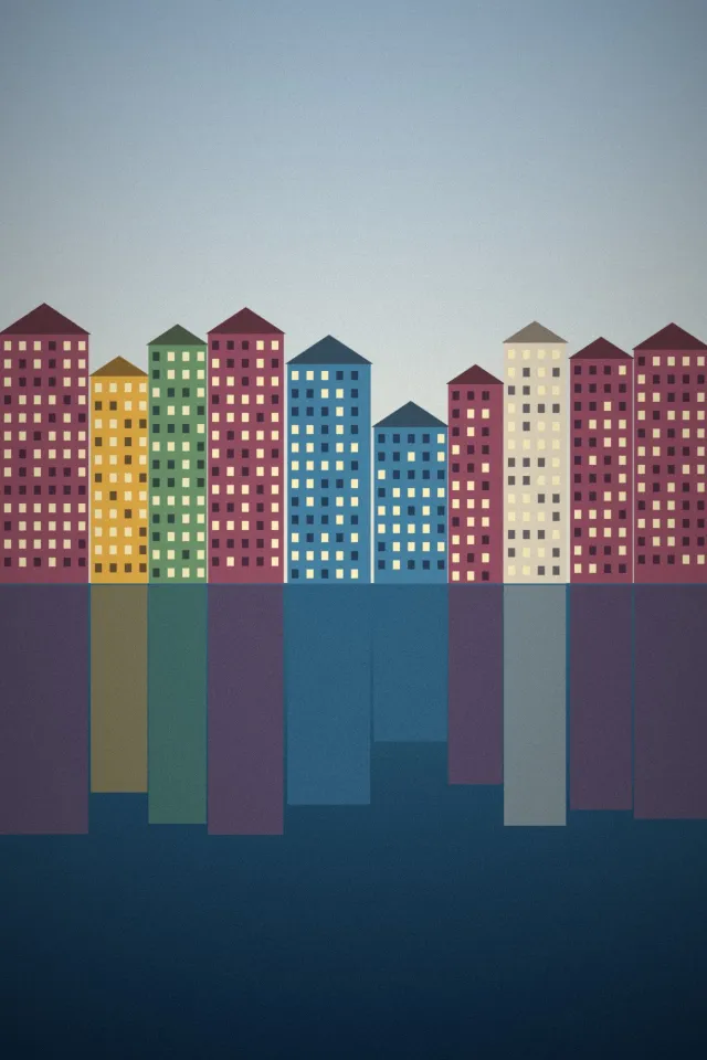 Illustration: Colourful harbour houses reflected in the water
