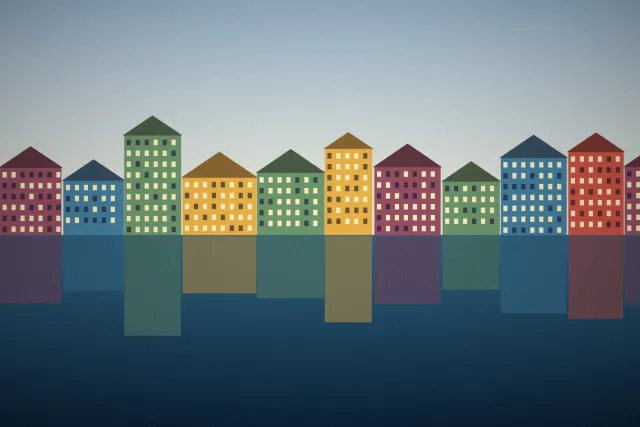 Illustration: Colourful harbour houses reflected in the water