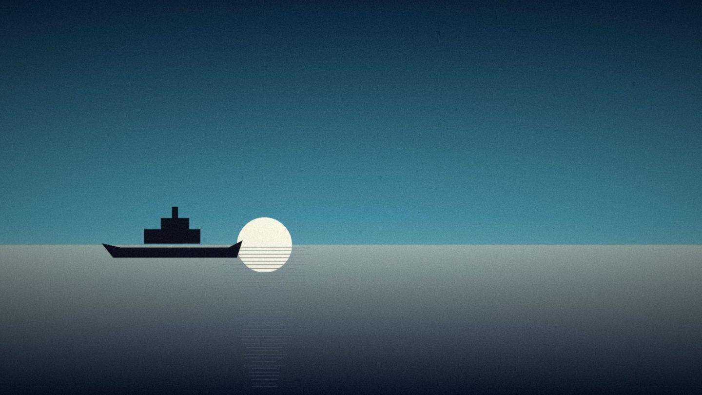 Illustration: A small expedition ship silhouetted against a rising sun