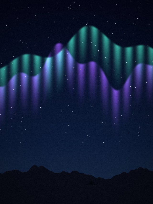 Illustration: Green and violet aurora ribbons above a dark coast with a small ship