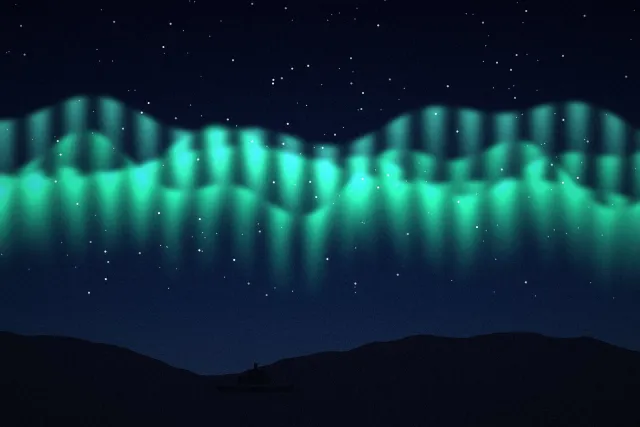 Illustration: Green and violet aurora ribbons above a dark coast with a small ship