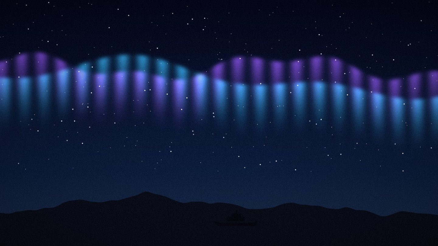 Illustration: Green and violet aurora ribbons above a dark coast with a small ship