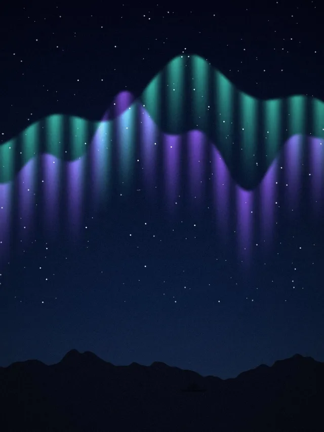 Illustration: Green and violet aurora ribbons above a dark coast with a small ship