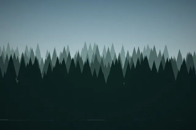 Illustration: Rows of dark pine trees fading into mist