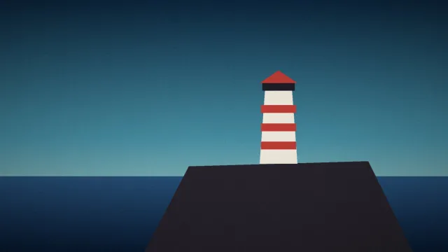 Illustration: A red and white lighthouse on a dark rocky point