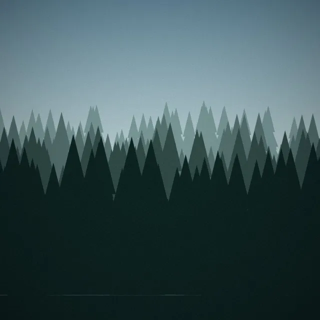 Illustration: Rows of dark pine trees fading into mist