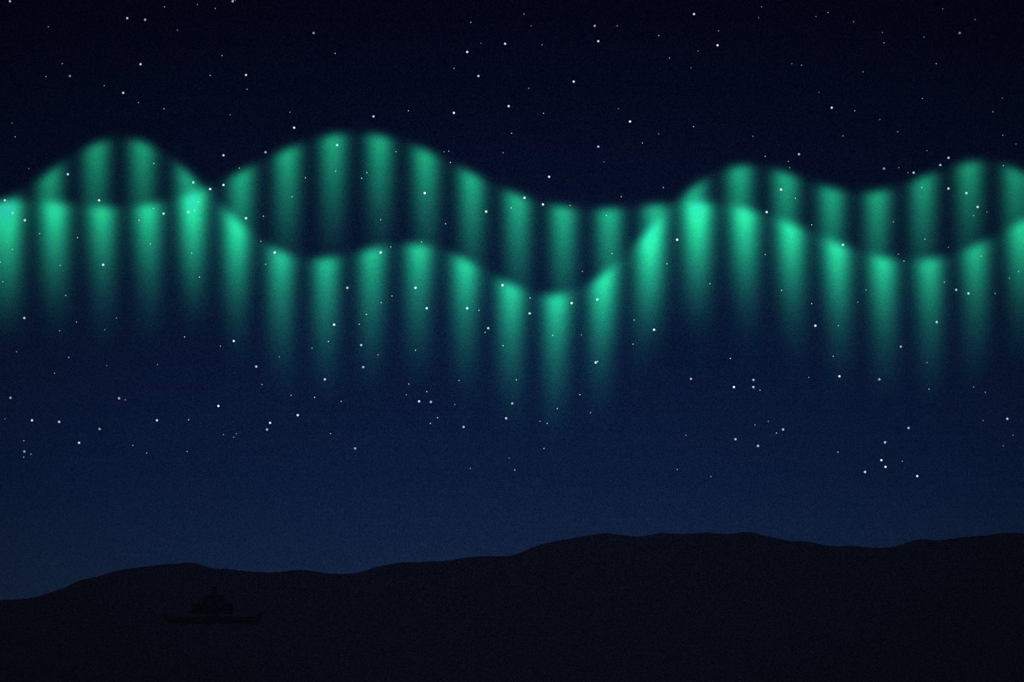 Illustration: Green and violet aurora ribbons above a dark coast with a small ship