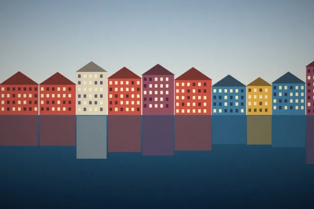 Illustration: Colourful harbour houses reflected in the water