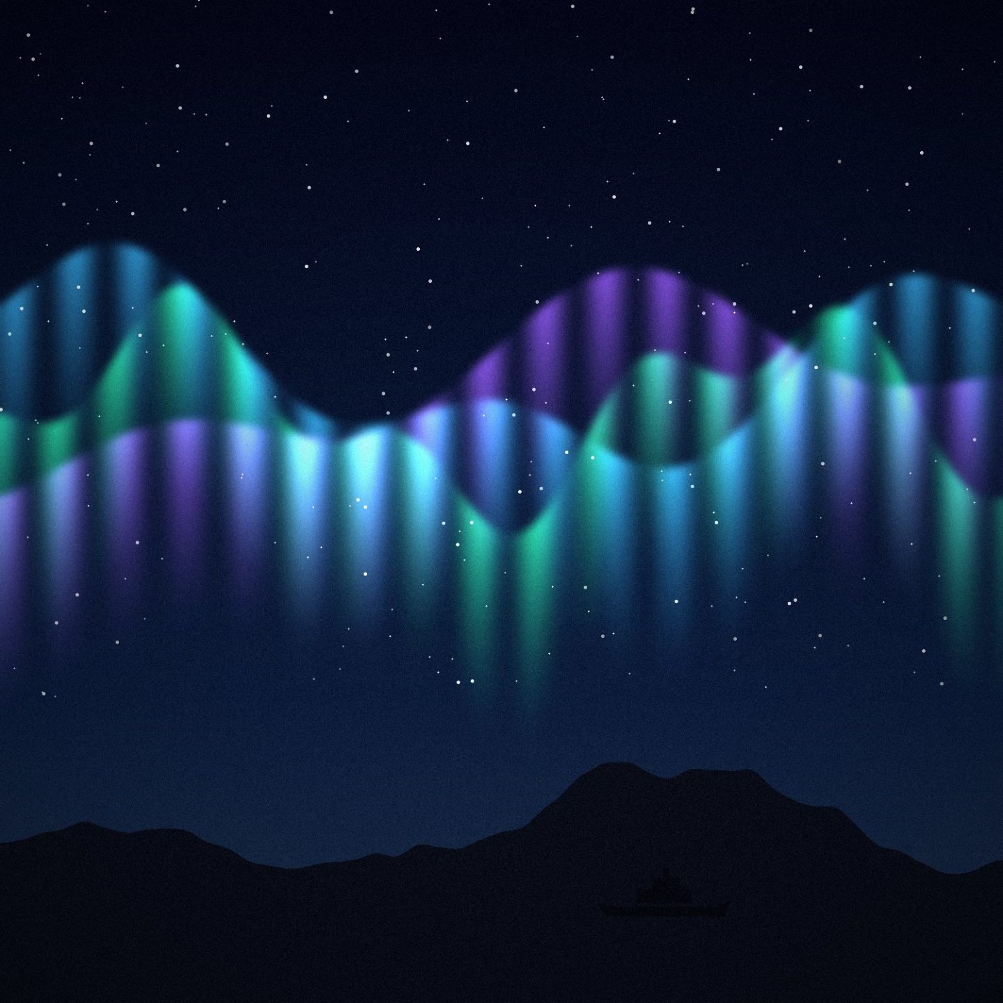 Illustration: Green and violet aurora ribbons above a dark coast with a small ship