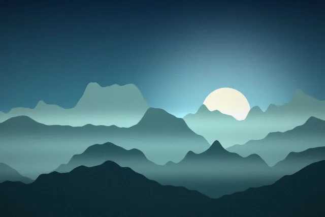 Illustration: Layered mountain ridges under a low sun