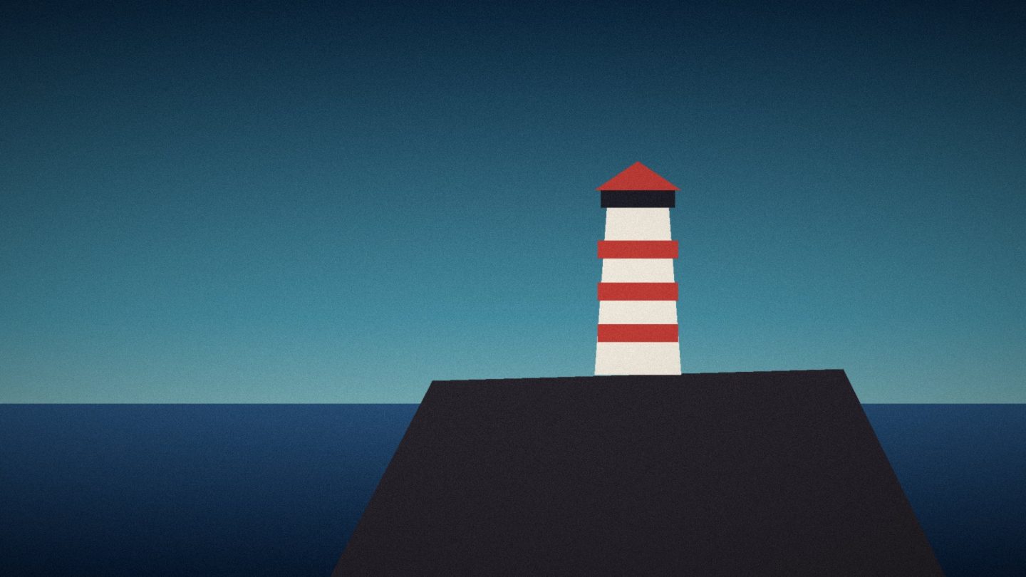 Illustration: A red and white lighthouse on a dark rocky point