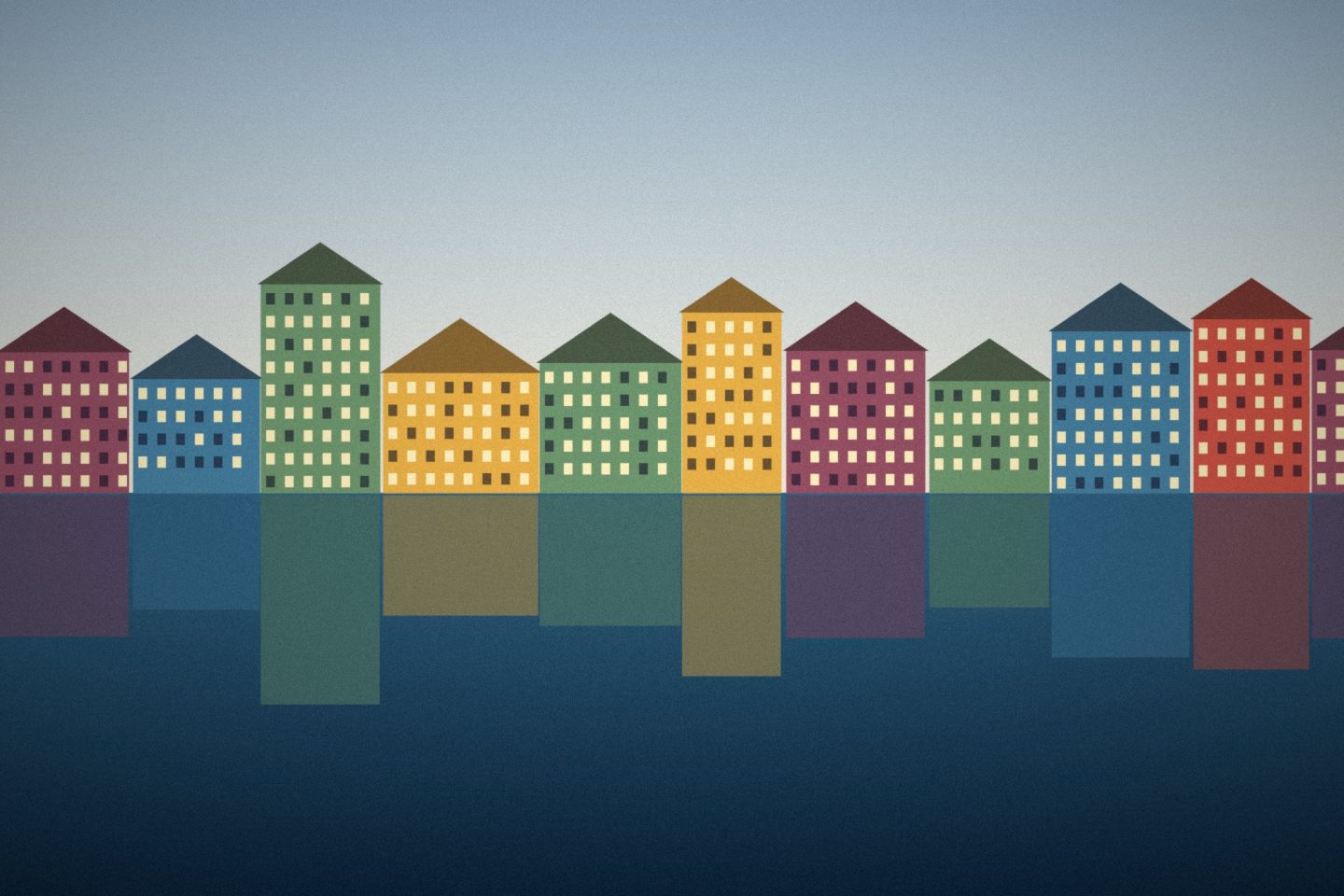 Illustration: Colourful harbour houses reflected in the water