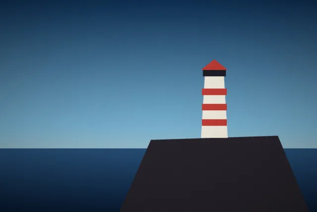 Illustration: A red and white lighthouse on a dark rocky point