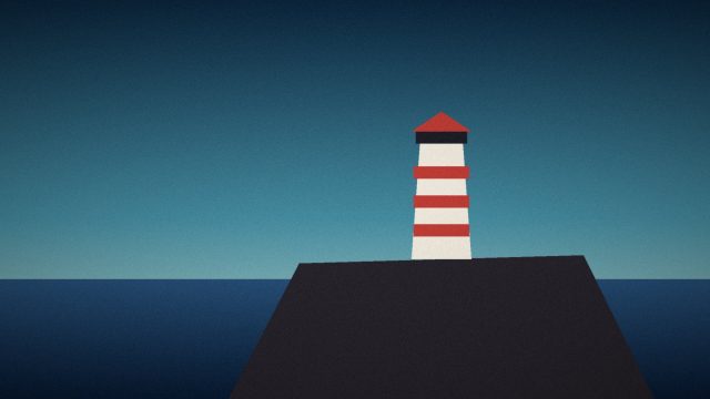 Illustration: A red and white lighthouse on a dark rocky point
