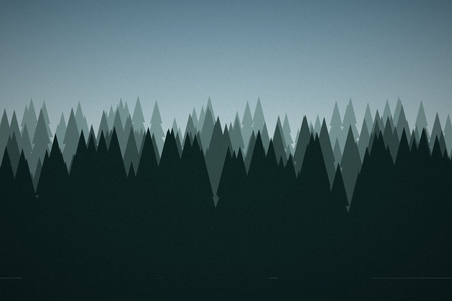 Illustration: Rows of dark pine trees fading into mist