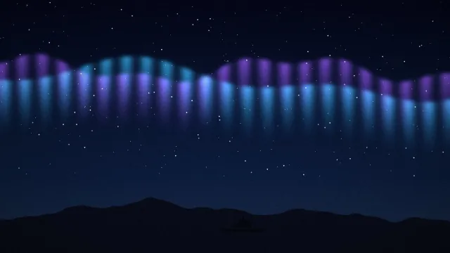 Illustration: Green and violet aurora ribbons above a dark coast with a small ship