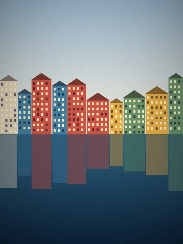 Illustration: Colourful harbour houses reflected in the water
