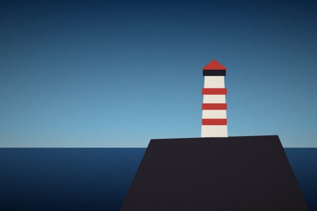 Illustration: A red and white lighthouse on a dark rocky point