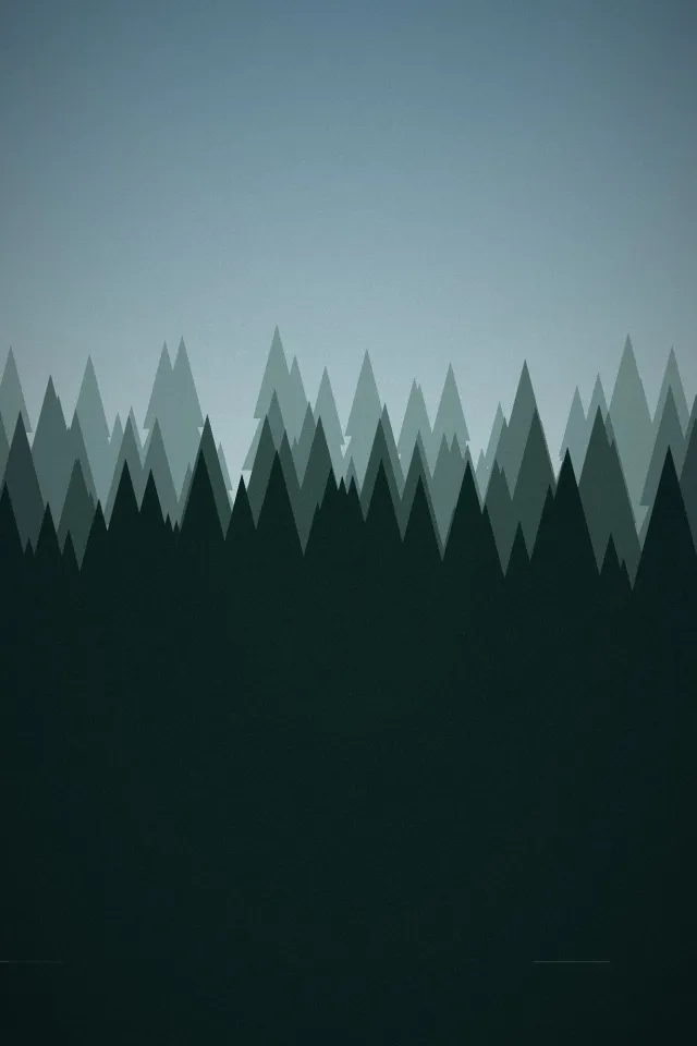 Illustration: Rows of dark pine trees fading into mist