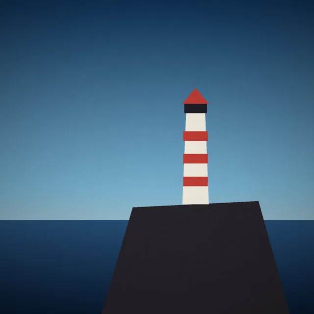 Illustration: A red and white lighthouse on a dark rocky point