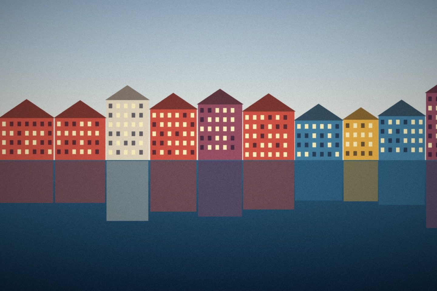 Illustration: Colourful harbour houses reflected in the water