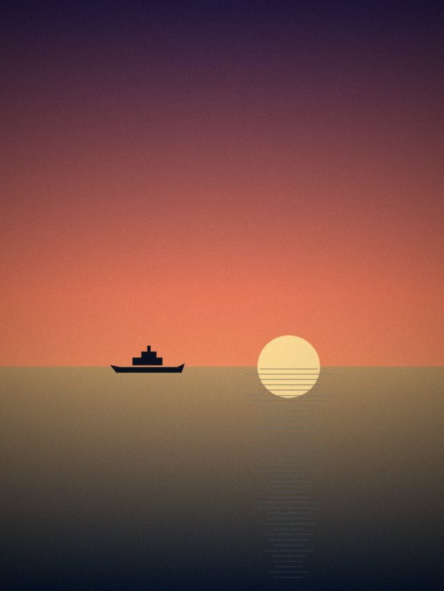 Illustration: A small expedition ship silhouetted against a rising sun