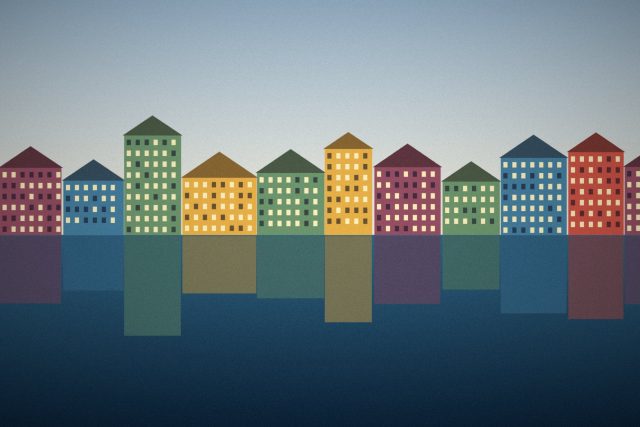 Illustration: Colourful harbour houses reflected in the water