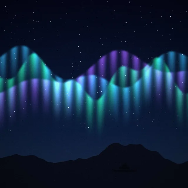 Illustration: Green and violet aurora ribbons above a dark coast with a small ship
