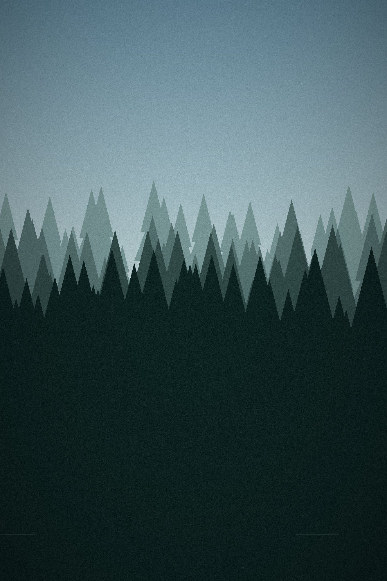 Illustration: Rows of dark pine trees fading into mist