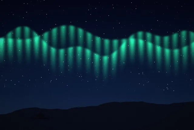 Illustration: Green and violet aurora ribbons above a dark coast with a small ship