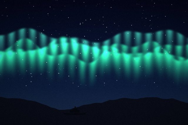 Illustration: Green and violet aurora ribbons above a dark coast with a small ship
