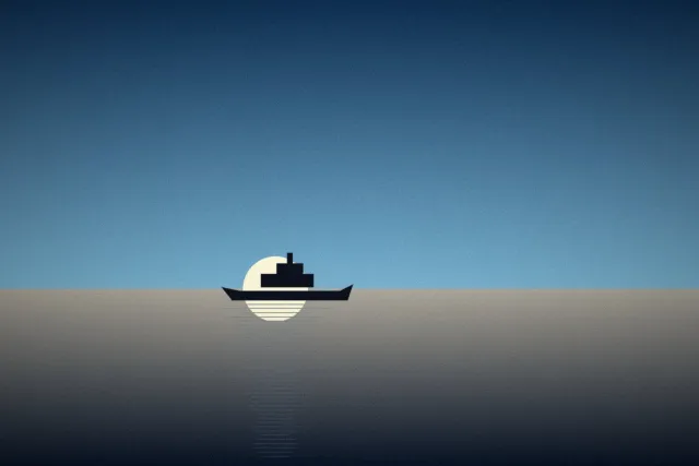 Illustration: A small expedition ship silhouetted against a rising sun